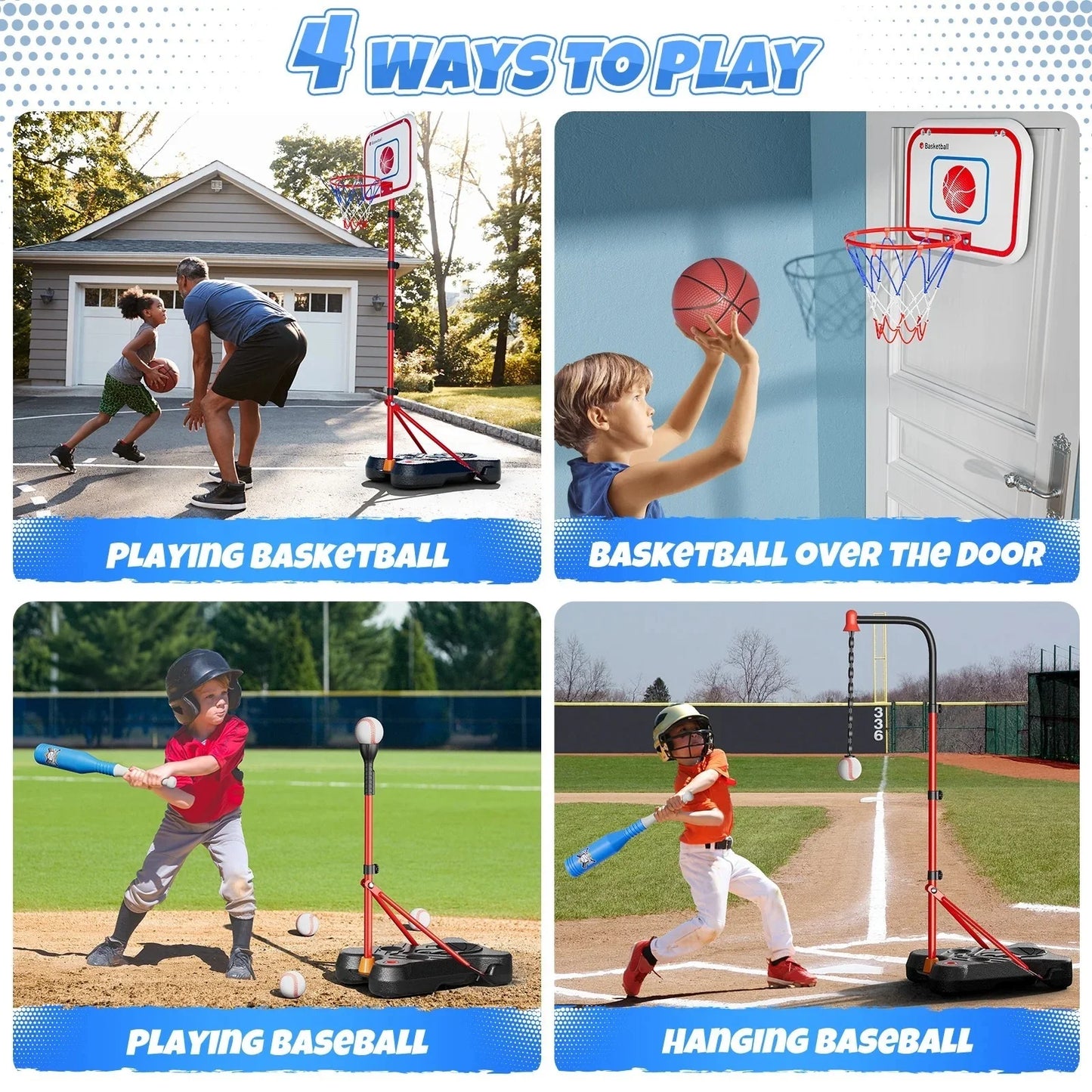 3 In 1 Kids/Toddlers Basketball Hoop,Baseball&T-Ball Sets for Kids 3-5,Adjustable Height, Indoor/Outdoor Sports Toys Gifts for Boys Girls Ages 2 3 4 5 6 7 8 Years Old, Christmas Birthday Gift.
