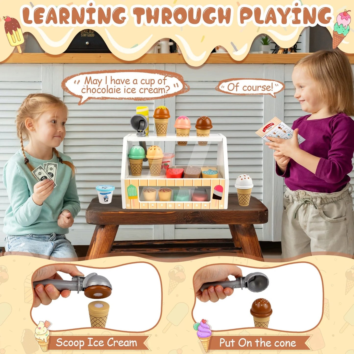 Ice Cream Toys for Kids, Wooden Toys Play Food Sets for Kids Kitchen, Kids Wooden Ice Cream Playset, Pretend Play Toys Christmas Birthday Gifts for Toddlers Girls Ages 3 4 5 6 Years