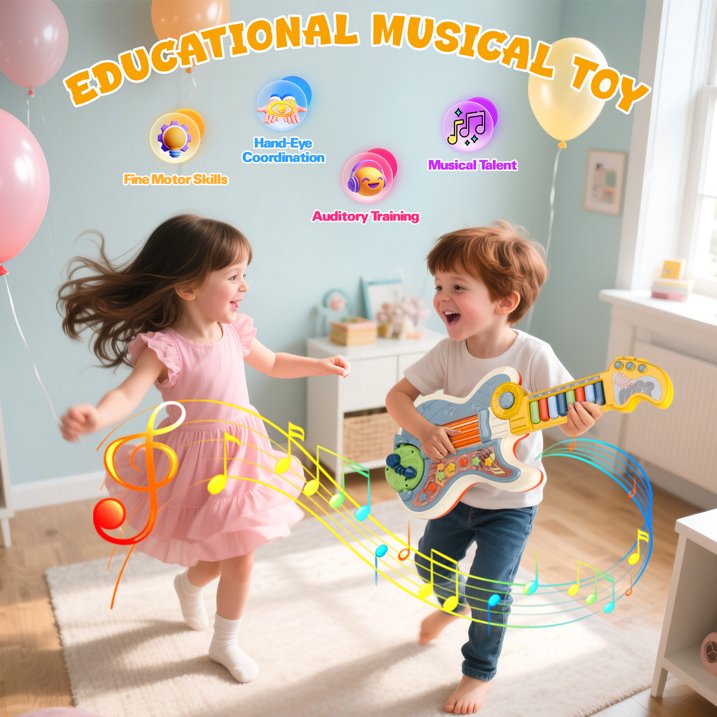 Toddler Guitar for Kids Age 3-5, 4 In 1 Kids Electric Guitar, Piano Guitar, Toy Guitar with Lullaby Projector, Kids Toddler Musical Instruments Toys for 3 4 5 6 7 8 9 Years Old Boys Girls Gifts