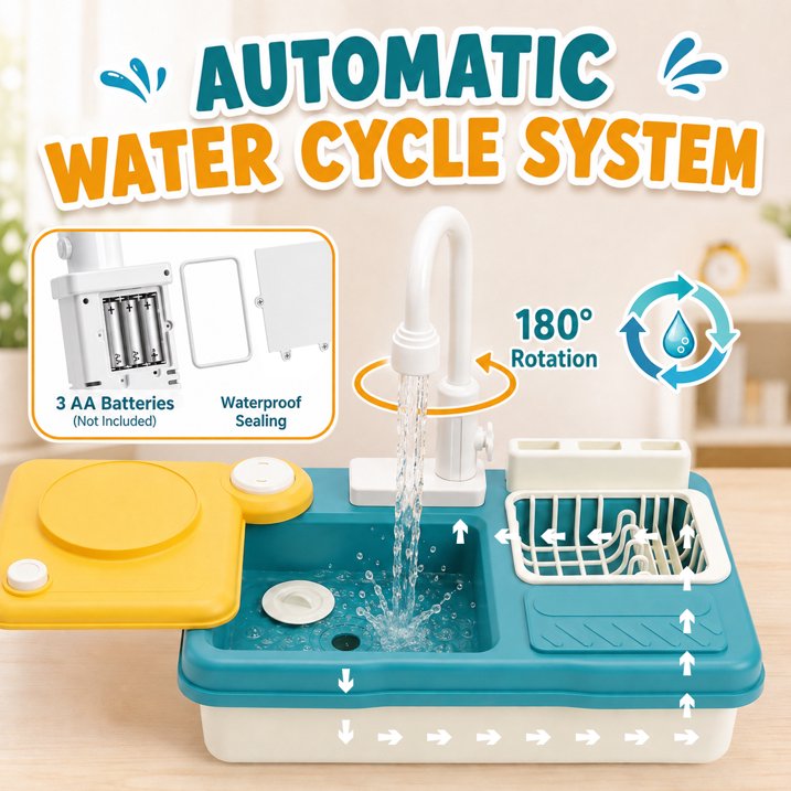 Play Sink with Running Water for Toddlers 3-5, Kitchen Play Sink & Stove Toy with Electric Faucet, Play Food & kitchen Accessories, Gift for Boys Girls Ages 3+