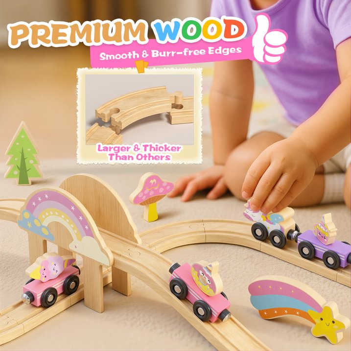 Wooden Train Set for Kids, Wooden Train Track for Toddlers 2 3 4 5, Unicorn Train Toy with 4 Magnetic Trains & Accessories, Railway Playset Christmas Birthday Gifts for 3 4 5 6 Year Girls Boys