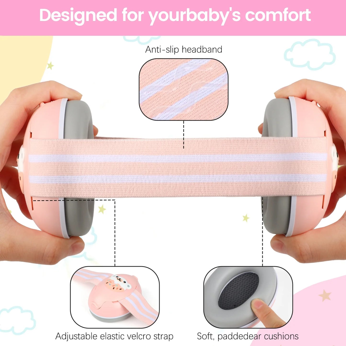 2-in-1 Baby Ear Muffs Noise Protection,Noise Canceling Headphones for kids 0-36 Months, Infant Ear Protection for Plane & Sleep, Adjustable Headband - Pink