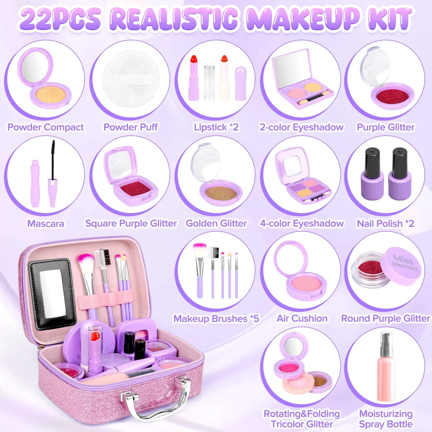 Kids Makeup Kit for Girl Gifts, Kids Makeup Sets for Girls 5-8, Toddler Girl Makeup Toys with Mirror, Children Princess Toy Real Makeup Set Christmas Birthday Gift for Little Girl Age 3-12