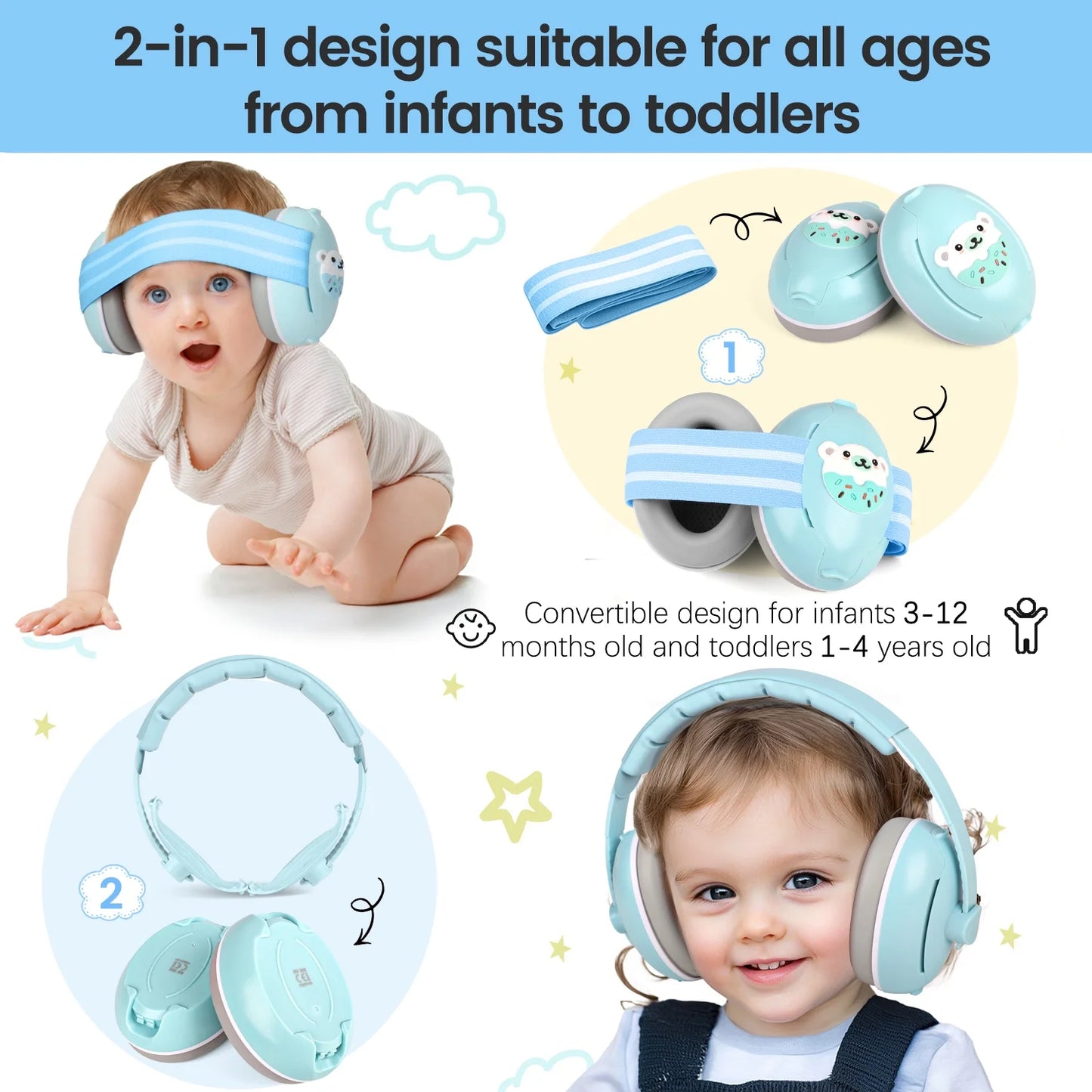 2-in-1 Baby Ear Muffs Noise Protection,Noise Canceling Headphones for Baby & Toddler 0-12-36 Months, Infant Ear Protection in Plane, Adjustable Headband,Improves Sleep - Blue