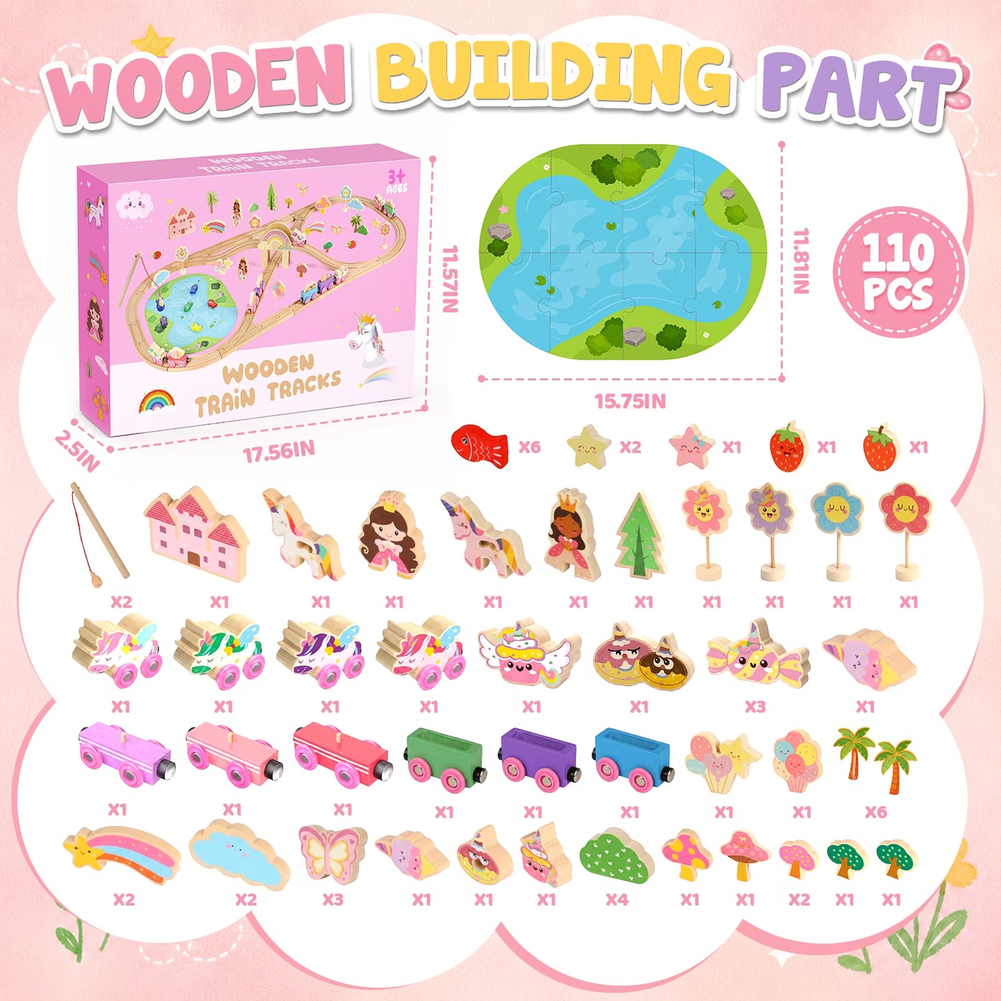 110PCS Wooden Train Set for Toddlers 2-4, Unicorn Train Toy for Girls with Fishing Puzzle, Wooden Train Track Toy Birthday Gift for Kids Girls Ages 3 4 5 6