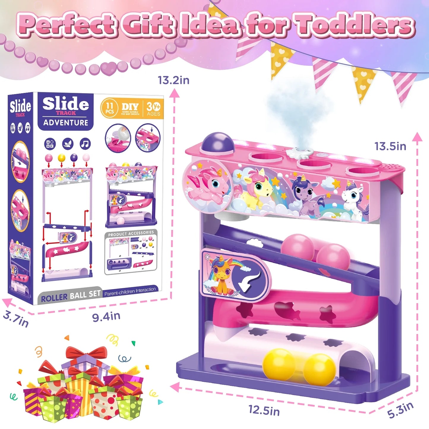 Ball Drop Toys for 1 Year Old, Stacking Toys Drop Ball Tower for Toddlers 1-3, Baby Unicorn Toy with Light Music Spraying, Drop Ball Baby Toy, Birthday Gifts for Girl Boy Age 6-18 Months Old