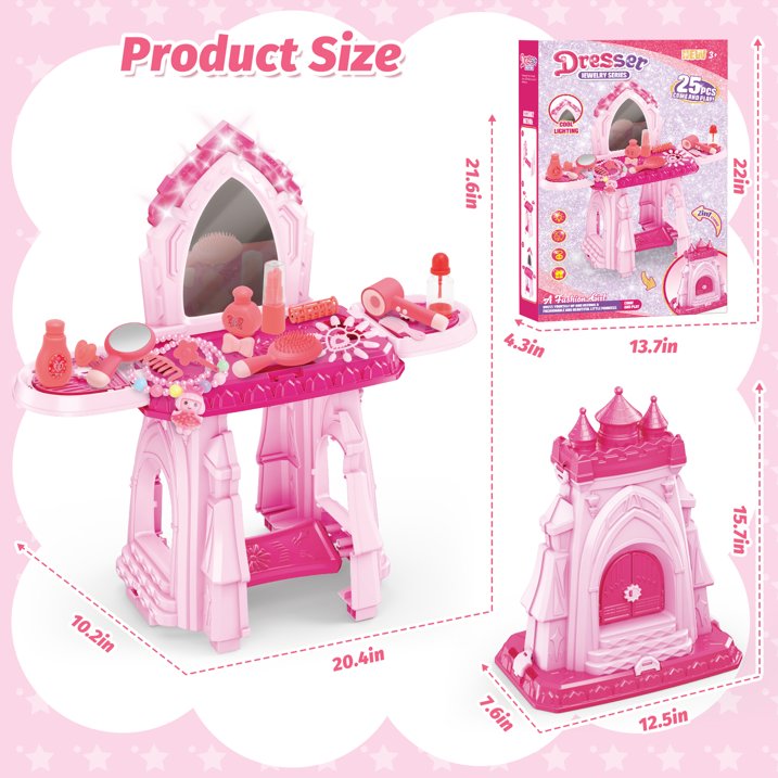 2 in 1 Toddler Vanity Set Play, Girls Makeup Table with Mirror and Lights, Castle with Storage Space, Kids Vanity Pretend Makeup Set Toys, Birthday Gifts for Toddler Girls 2 3 4 5 6 Year Old
