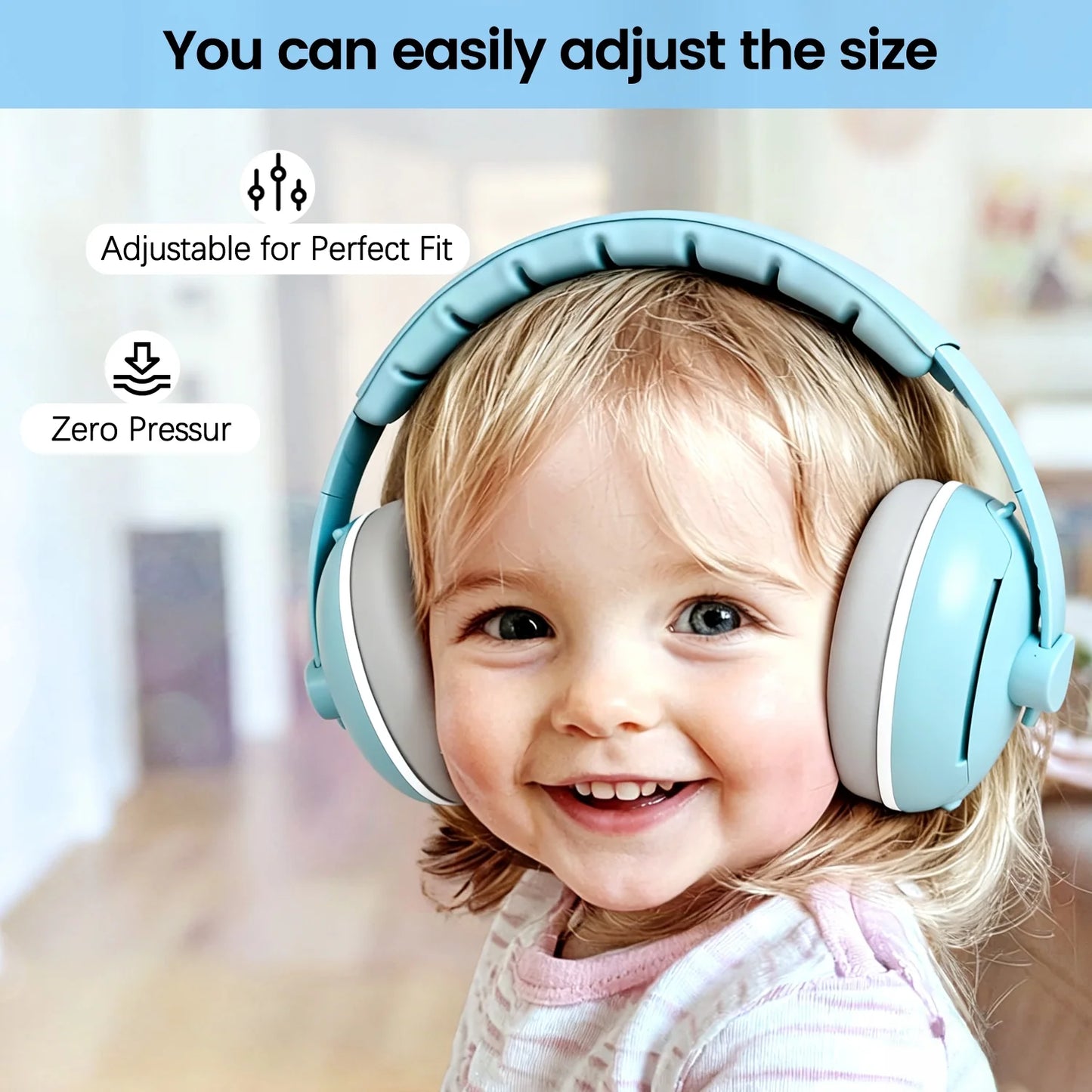 2-in-1 Baby Ear Muffs Noise Protection,Noise Canceling Headphones for Baby & Toddler 0-12-36 Months, Infant Ear Protection in Plane, Adjustable Headband,Improves Sleep - Blue