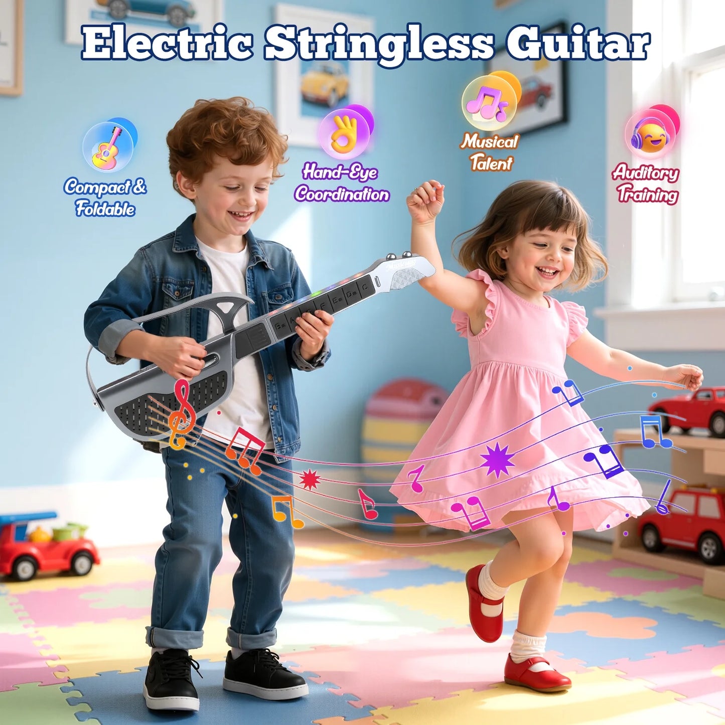 Kids Guitar Toy, Kids Electric Guitar Musical Instrument Toy, Stringless & Foldable & Three Tones Switch & Rechargeable Toddler Guitar for 3 4 5 6 Boys Girls Christmas Birthday Gifts, Black