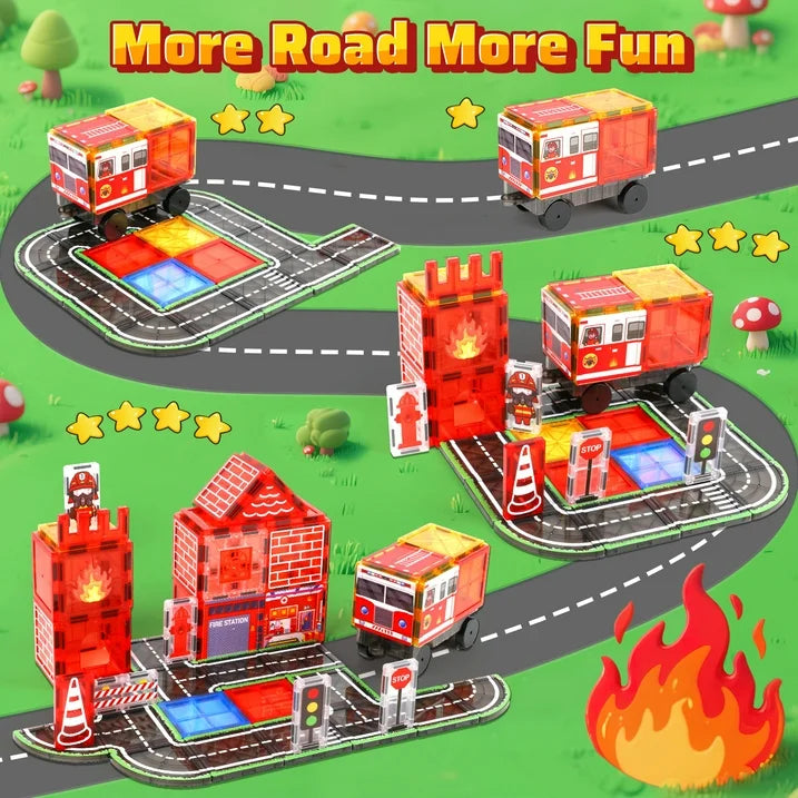 Magnetic Tiles for Kids Ages 4-8, 60Pcs Magnetic Building Blocks, Construction Firetruck Toys Magnetic Tiles Road Set, Educational STEM Toys Christmas Birthday Gifts for Boys Girls Toddlers 3-5