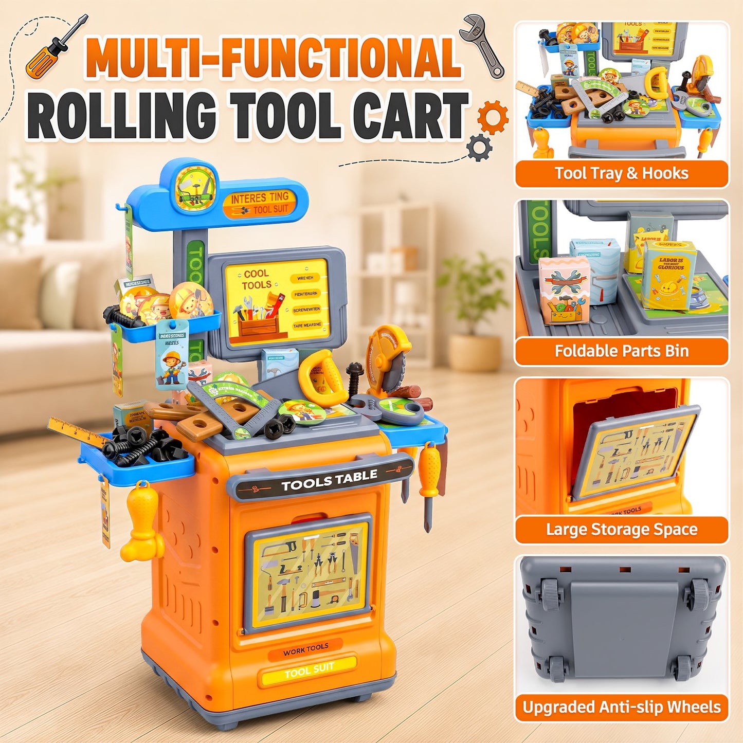 66Pcs Kids Tool Bench Toy, Rolling Tool Cart, Pretend Play Toddler Workbench with Realistic Tool,Large Storage, Construction Playset Toys for Boys and Girls Ages 3 4 5 6 Birthday Gifts