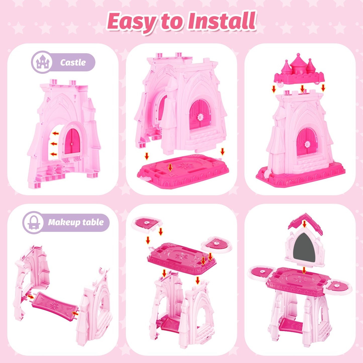 2 in 1 Toddler Vanity Set Play, Girls Makeup Table with Mirror and Lights, Castle with Storage Space, Kids Vanity Pretend Makeup Set Toys, Birthday Gifts for Toddler Girls 2 3 4 5 6 Year Old