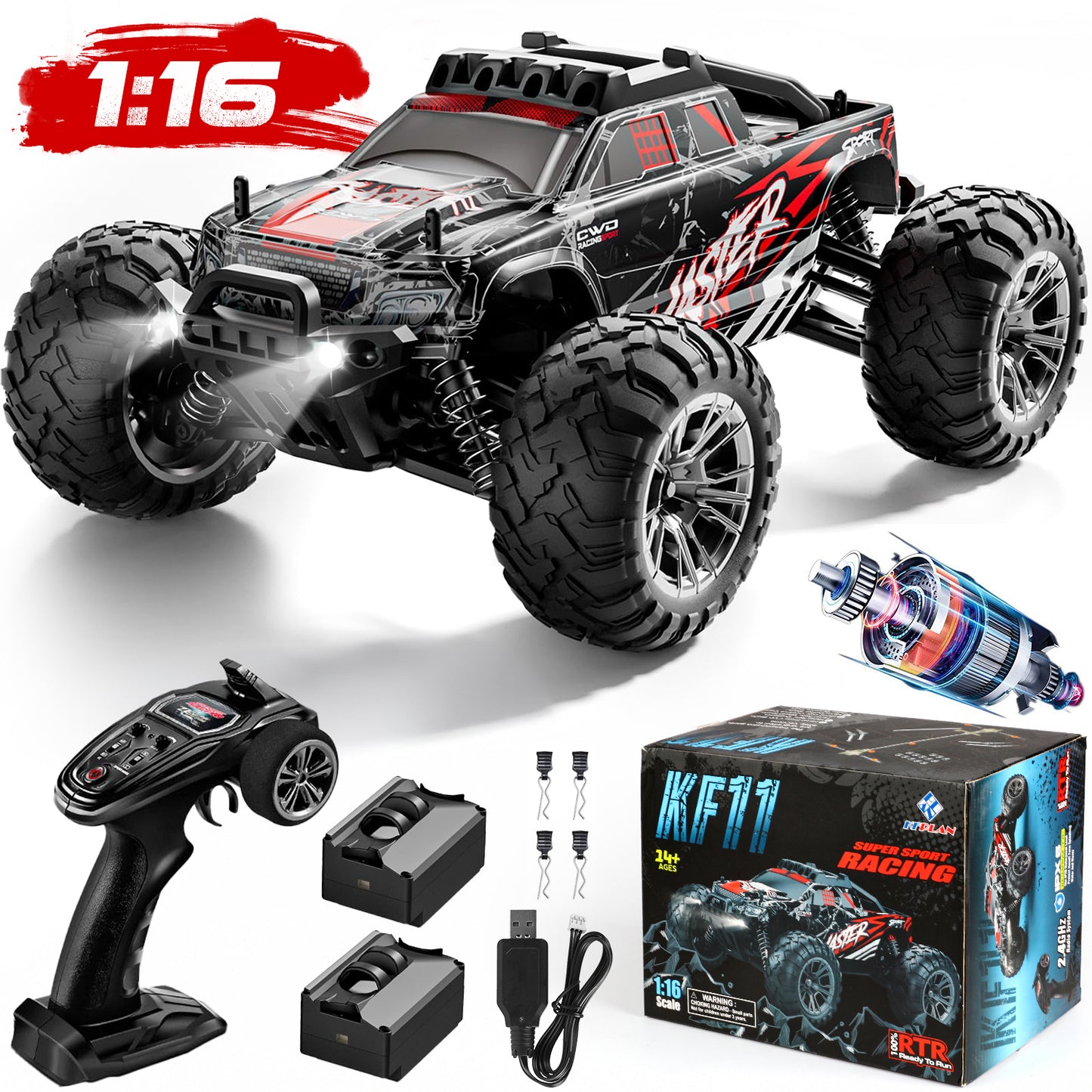 Remote Control Car, 1:16 High Speed 30+ MPH RC Cars, 4WD off Road RC Truck 2 Batteries, Gifts for Boys and Adults, Red