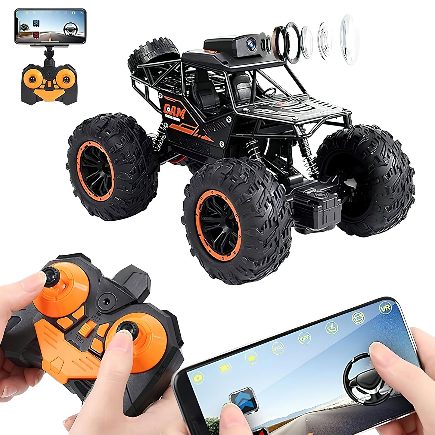 1:18 Scale RC Car with 1080P HD FPV Camera, 2.4Ghz Remote Control Car, High Speed Off-Road Truck for Kids and Adults 30 Min Play, Black