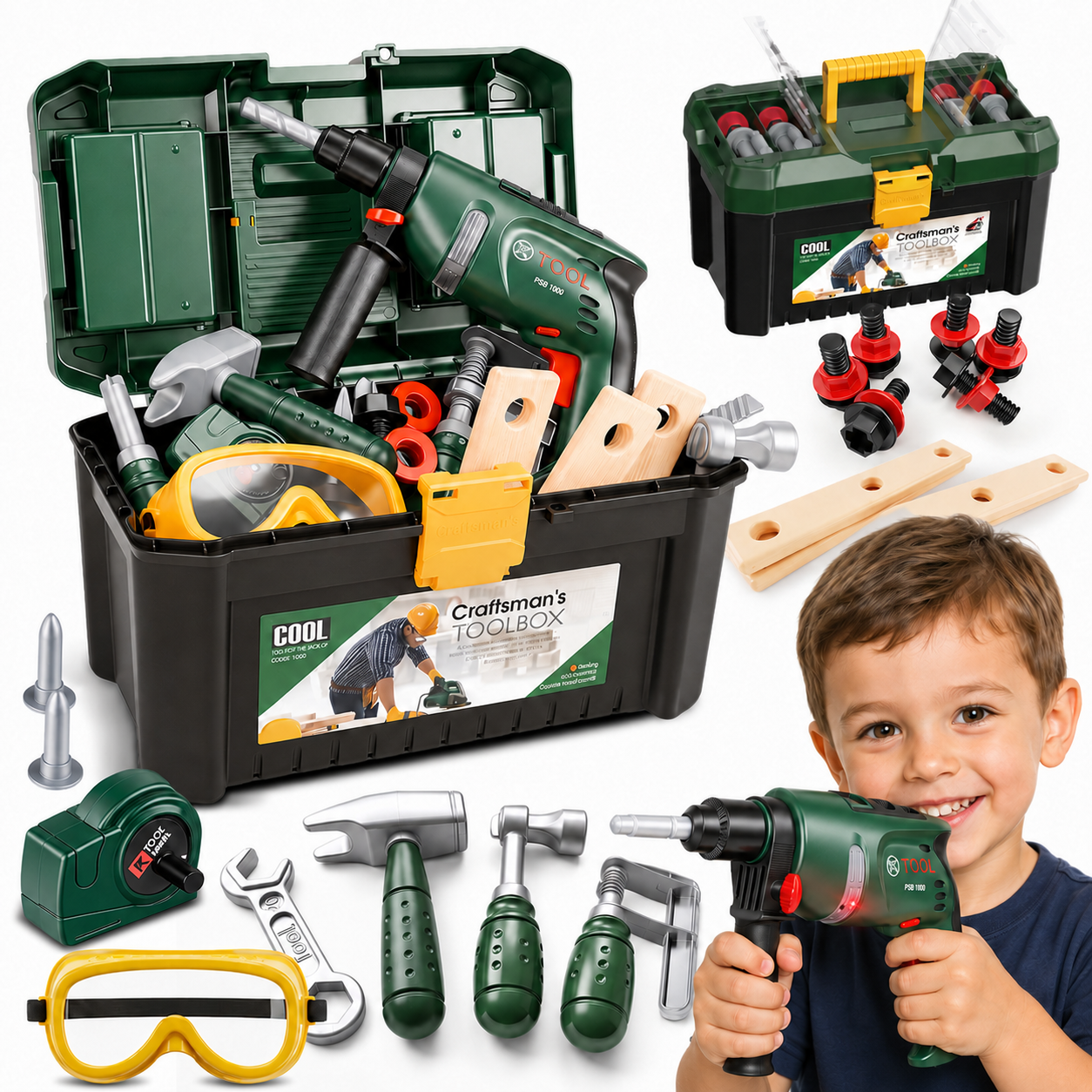 38PCS Kids Tool Set, Kids Tool Box with Electronic Light-Up Toy Drill, Pretend Play Construction Toys for Toddlers Boys Girls Ages 3-5, Christmas Birthday Gifts for 3-7 Kids