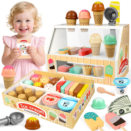 Ice Cream Toys for Kids, Wooden Toys Play Food Sets for Kids Kitchen, Kids Wooden Ice Cream Playset, Pretend Play Toys Christmas Birthday Gifts for Toddlers Girls Ages 3 4 5 6 Years