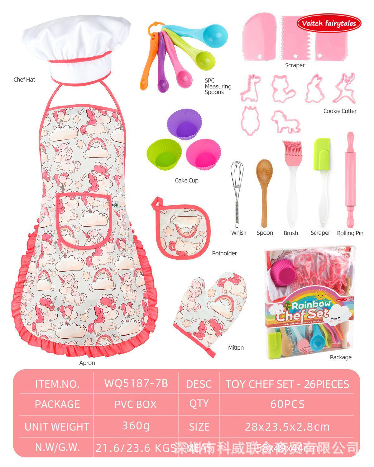 Cute Kids Cooking and Baking Sets, 25Pc Kids Baking Sets with Kids Chef Hat and Unicorn Apron for Girls Toddler Dress Up, Chef Costume Birthday Gifts for 3 4 5 6 7 8 Years Old Girls