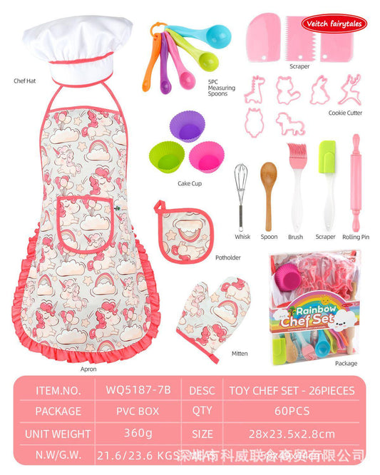 Cute Kids Cooking and Baking Sets, 25Pc Kids Baking Sets with Kids Chef Hat and Unicorn Apron for Girls Toddler Dress Up, Chef Costume Birthday Gifts for 3 4 5 6 7 8 Years Old Girls