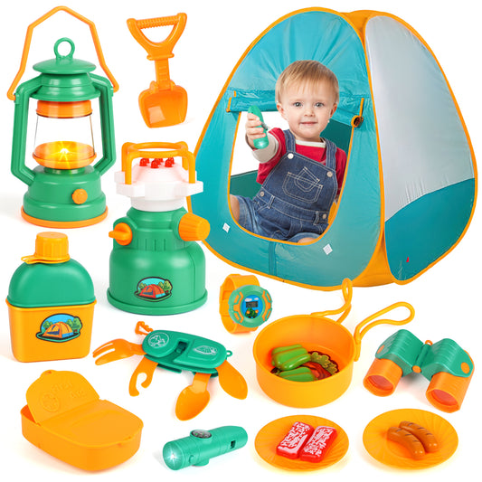 Kids Camping Set with Tent, 19 PCS Kids Camping Pretend Play Tent, Toy Binoculars, Oil Lantern, Indoor/Outdoor Camping Toy Set, Birthday Christmas Gift for Boys Girls 3 4 5 6 7