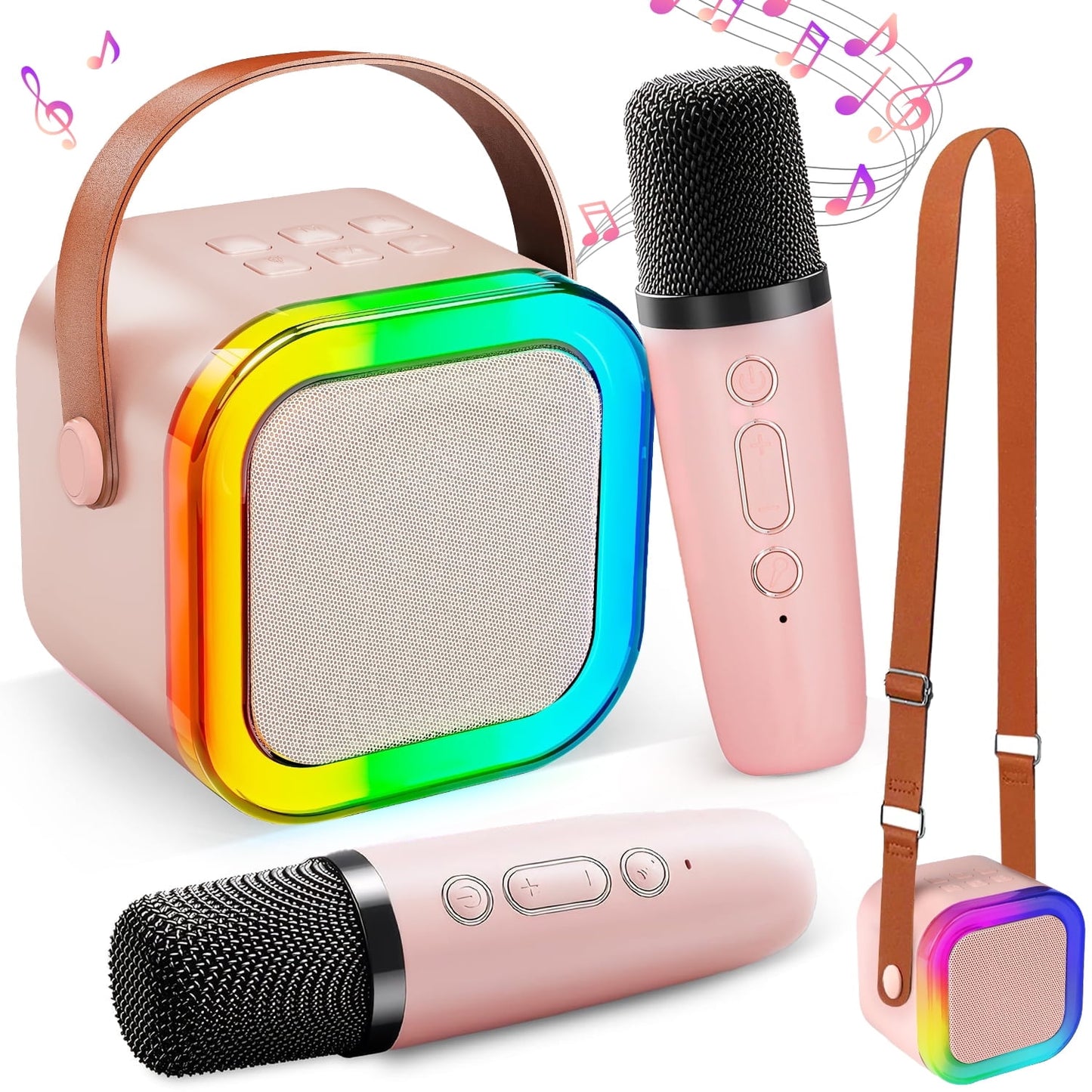 Mini Karaoke Machine for Kids, Colorful LED Portable Bluetooth Speaker with 2 Wireless Microphones, Christmas Birthday Gift Toys for Girls Ages 4-12, Pink