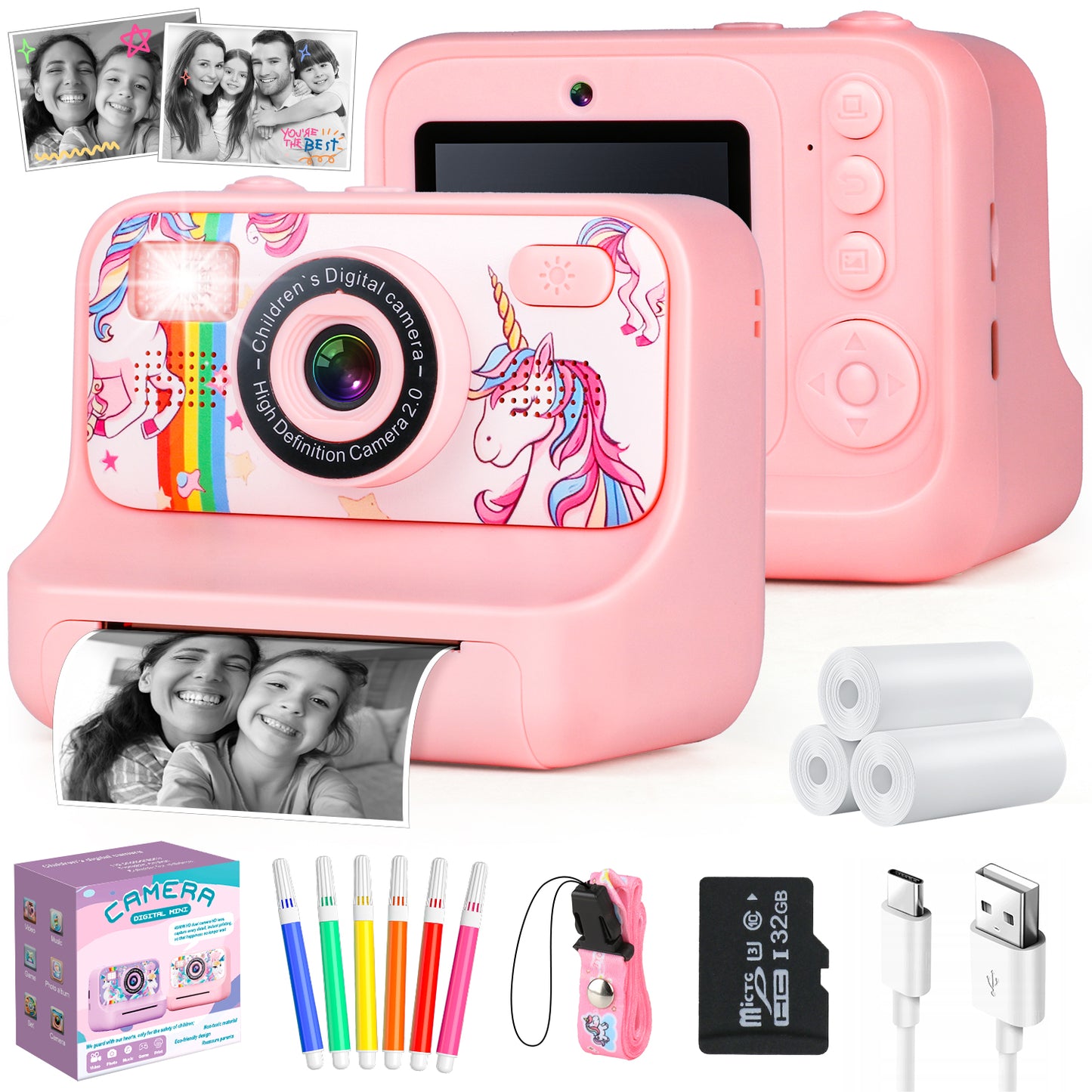 Kids Digital Camera, 1080p Instant Print Camera for Girls 3-10 Years Old, 32GB Pink Unicorn Photo Toys Birthday Christmas Gifts for Boys and Girls
