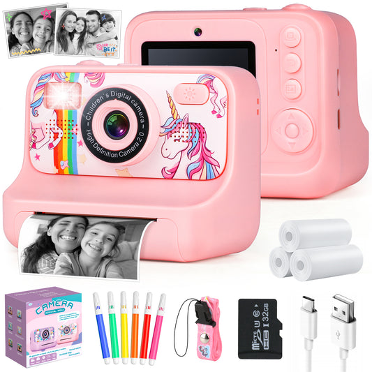 Kids Digital Camera, 1080p Instant Print Camera for Girls 3-10 Years Old, 32GB Pink Unicorn Photo Toys Birthday Christmas Gifts for Boys and Girls