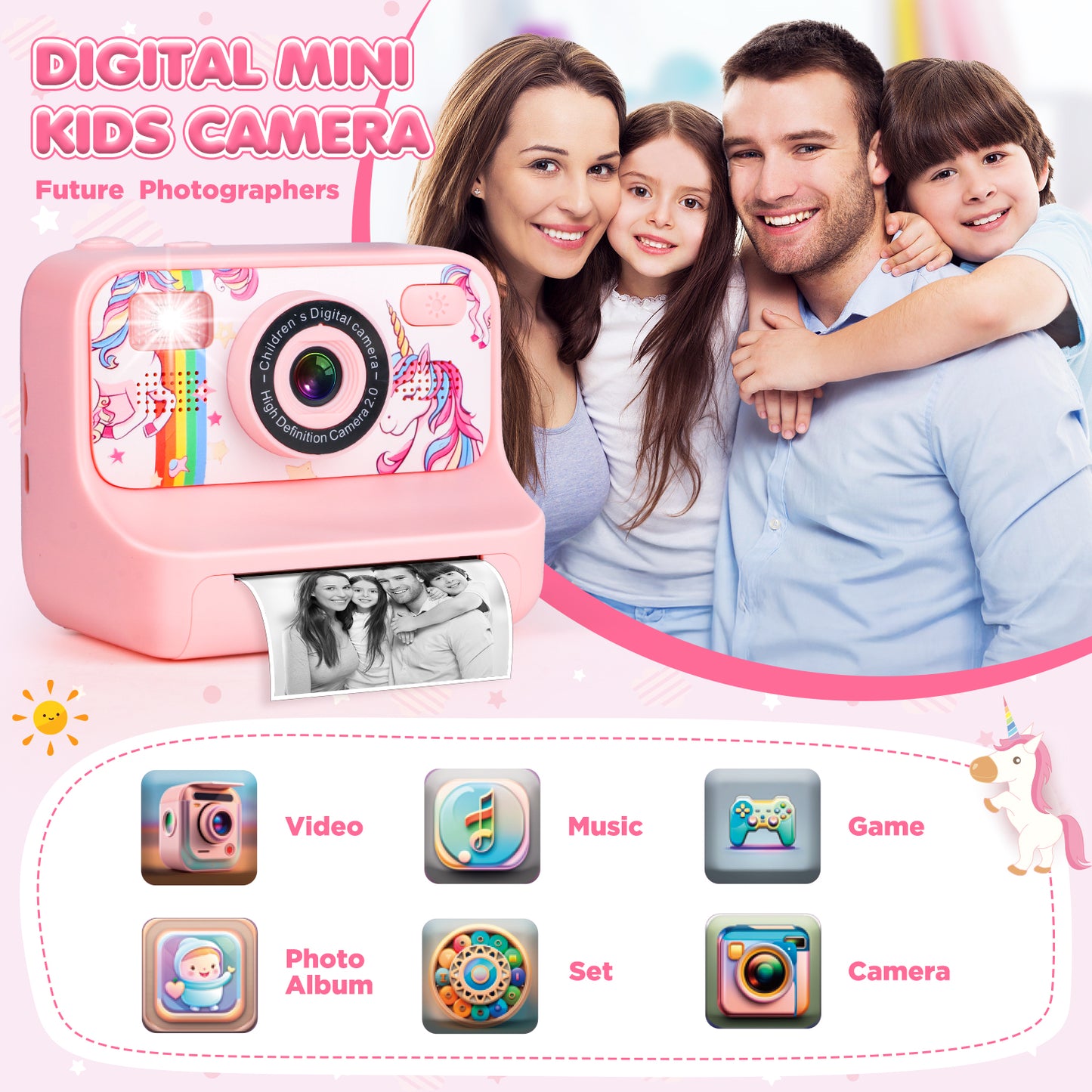 Kids Digital Camera, 1080p Instant Print Camera for Girls 3-10 Years Old, 32GB Pink Unicorn Photo Toys Birthday Christmas Gifts for Boys and Girls