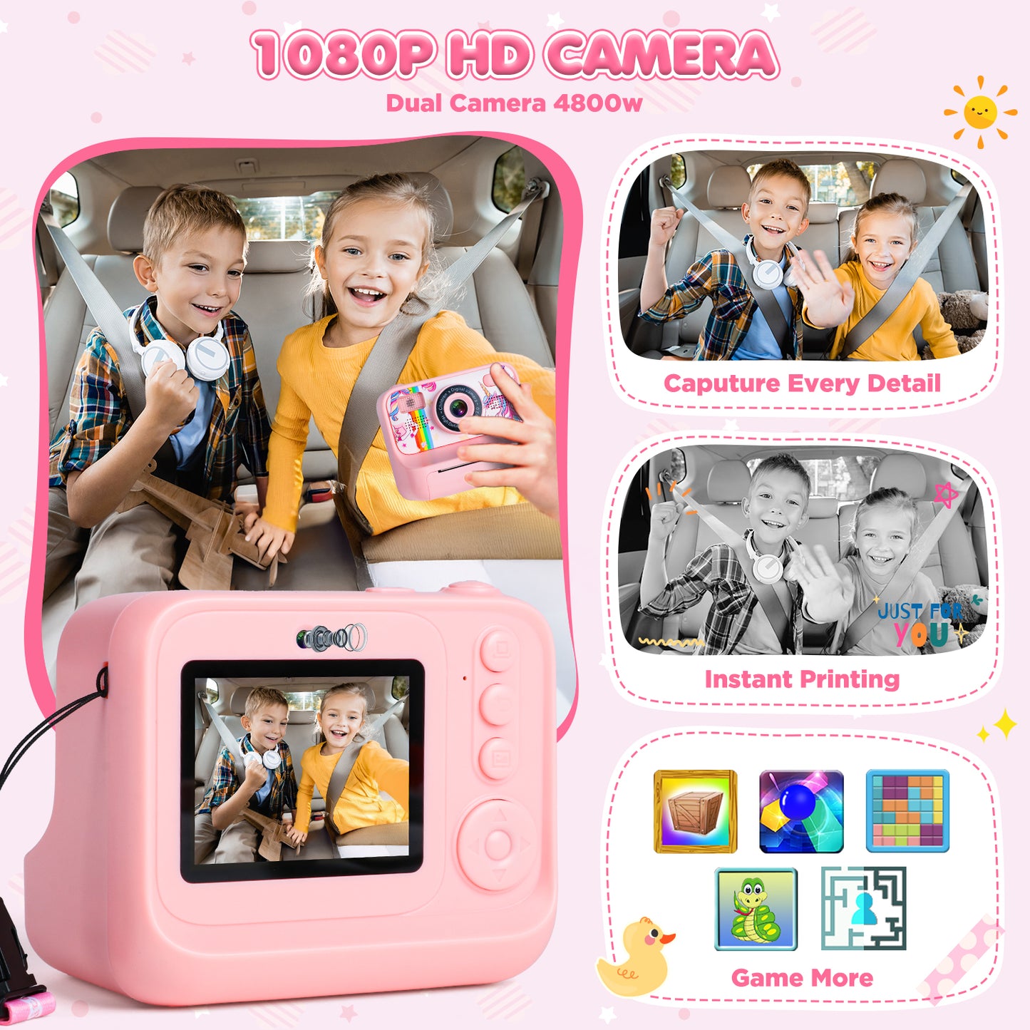 Kids Digital Camera, 1080p Instant Print Camera for Girls 3-10 Years Old, 32GB Pink Unicorn Photo Toys Birthday Christmas Gifts for Boys and Girls