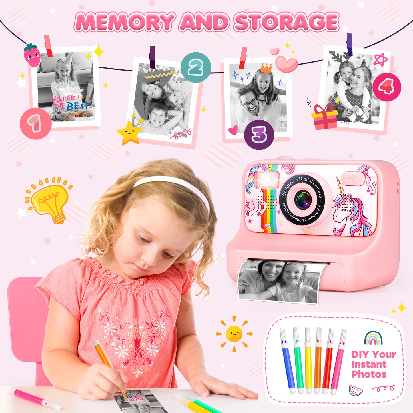 Kids Digital Camera, 1080p Instant Print Camera for Girls 3-10 Years Old, 32GB Pink Unicorn Photo Toys Birthday Christmas Gifts for Boys and Girls