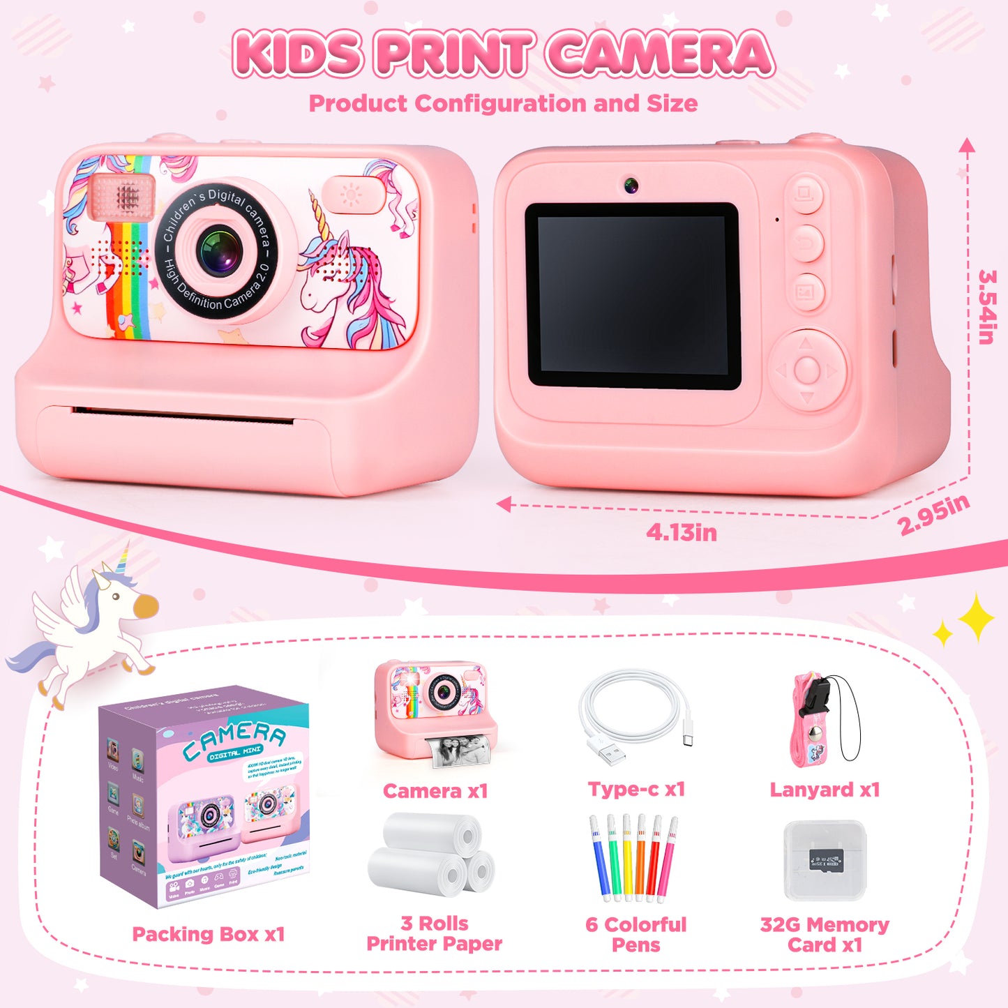 Kids Digital Camera, 1080p Instant Print Camera for Girls 3-10 Years Old, 32GB Pink Unicorn Photo Toys Birthday Christmas Gifts for Boys and Girls
