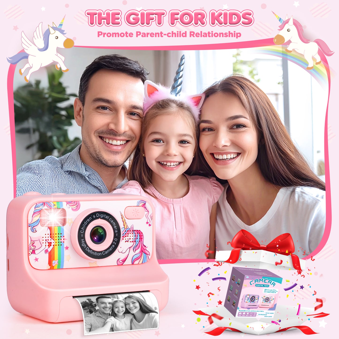 Kids Digital Camera, 1080p Instant Print Camera for Girls 3-10 Years Old, 32GB Pink Unicorn Photo Toys Birthday Christmas Gifts for Boys and Girls