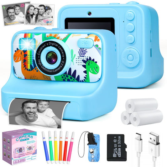Kids Instant Print Camera, Christmas Birthday Gifts for Boys and Girls, 1080p Digital Camera for Boys Age 3-10, 32GB Blue Dinosaur Photo Toy With 3 Rolls of Photo Paper