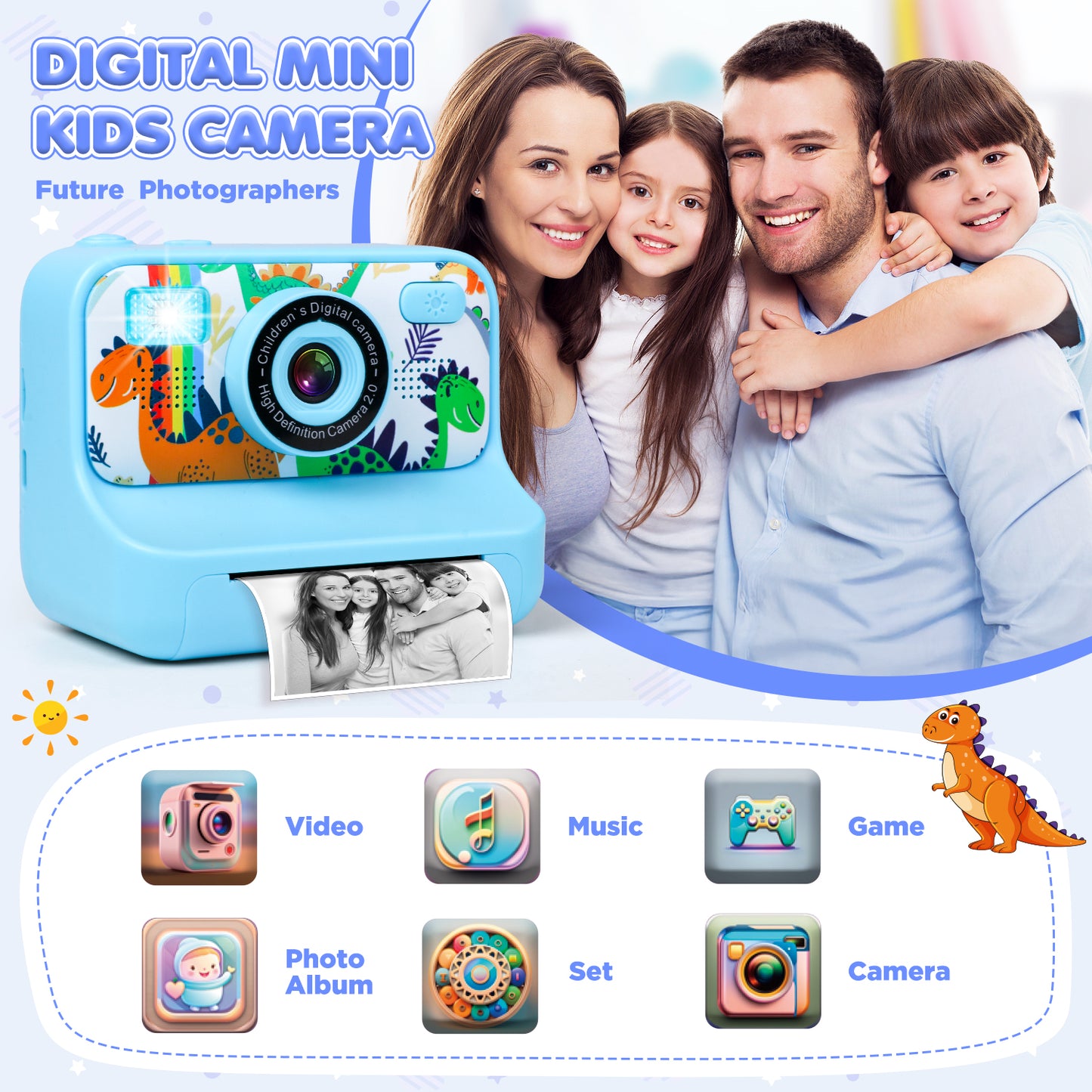 Kids Instant Print Camera, Christmas Birthday Gifts for Boys and Girls, 1080p Digital Camera for Boys Age 3-10, 32GB Blue Dinosaur Photo Toy With 3 Rolls of Photo Paper