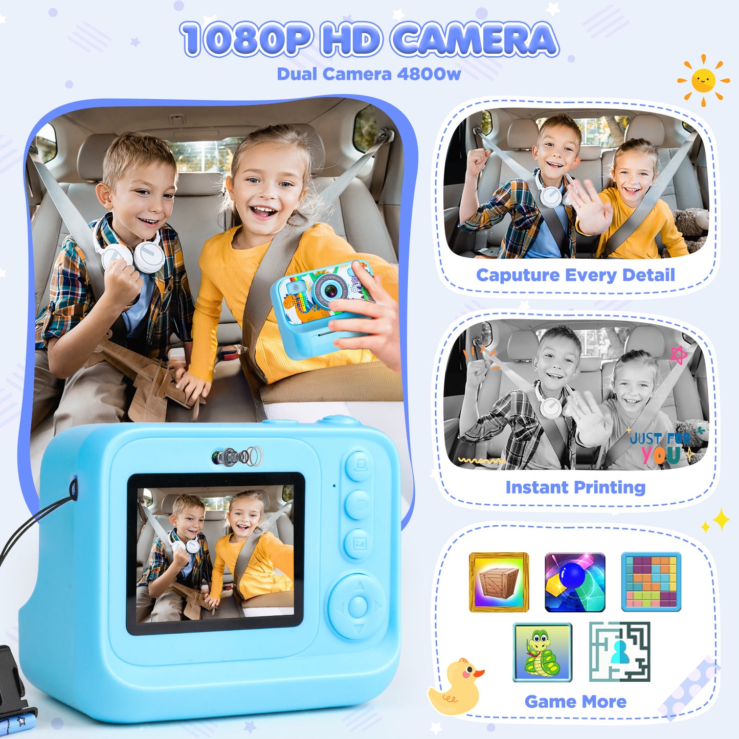 Kids Instant Print Camera, Christmas Birthday Gifts for Boys and Girls, 1080p Digital Camera for Boys Age 3-10, 32GB Blue Dinosaur Photo Toy With 3 Rolls of Photo Paper