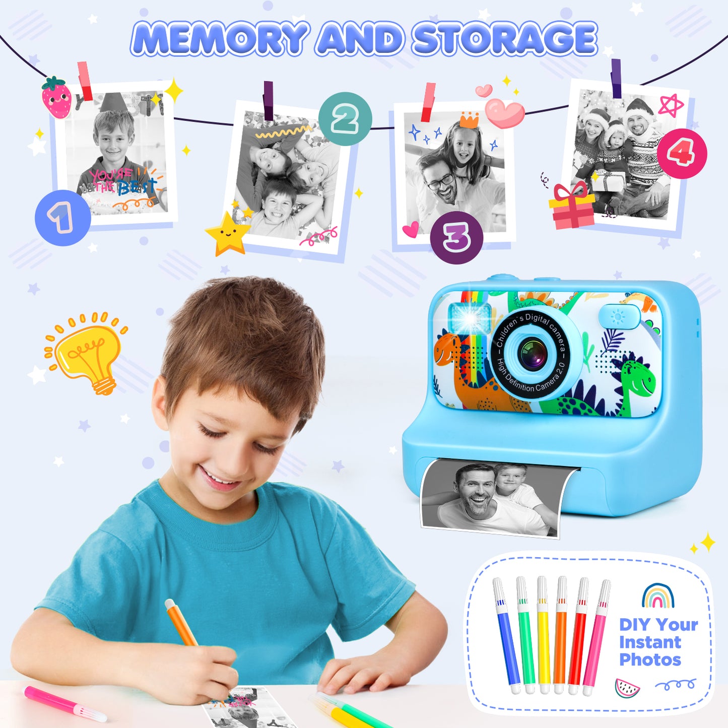 Kids Instant Print Camera, Christmas Birthday Gifts for Boys and Girls, 1080p Digital Camera for Boys Age 3-10, 32GB Blue Dinosaur Photo Toy With 3 Rolls of Photo Paper