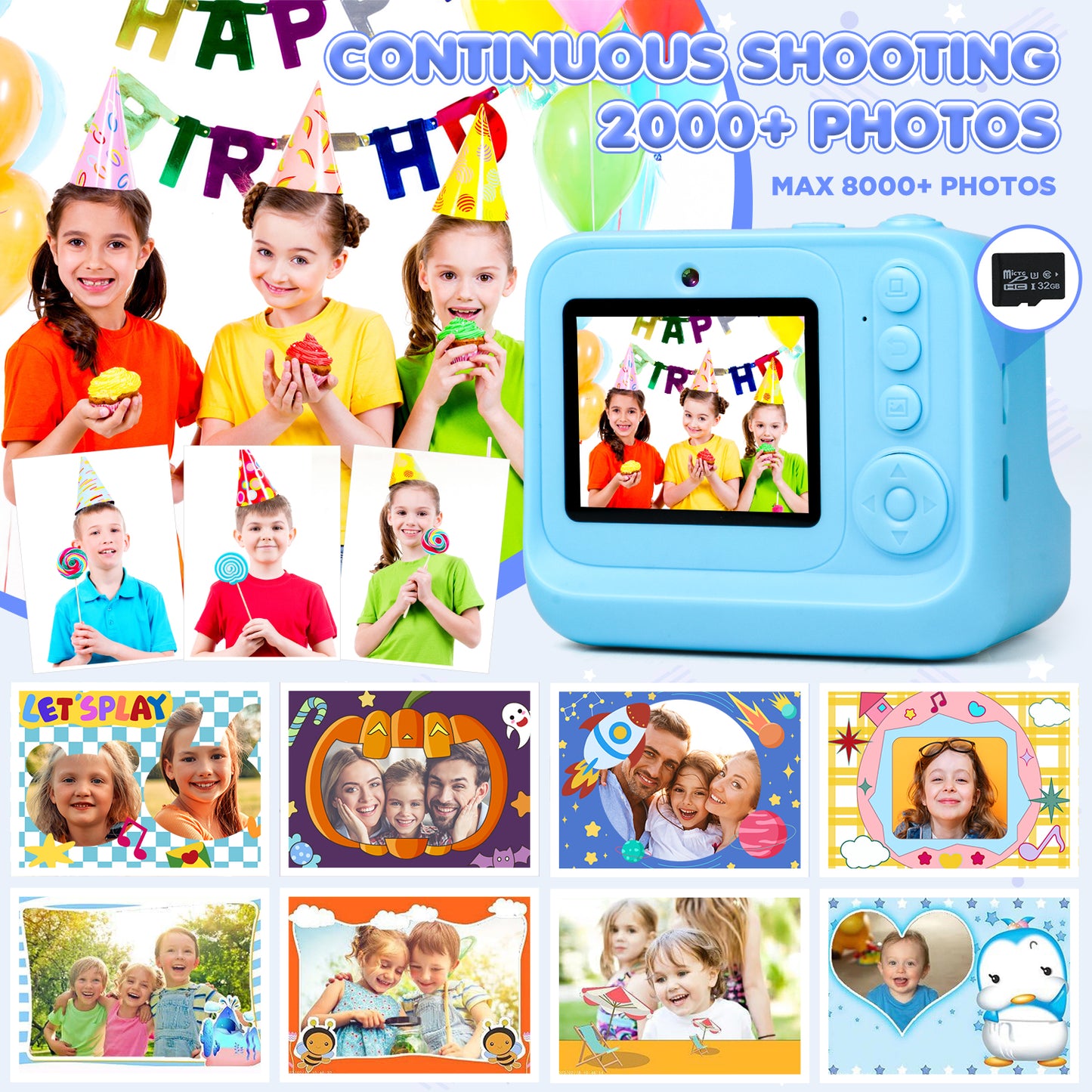 Kids Instant Print Camera, Christmas Birthday Gifts for Boys and Girls, 1080p Digital Camera for Boys Age 3-10, 32GB Blue Dinosaur Photo Toy With 3 Rolls of Photo Paper