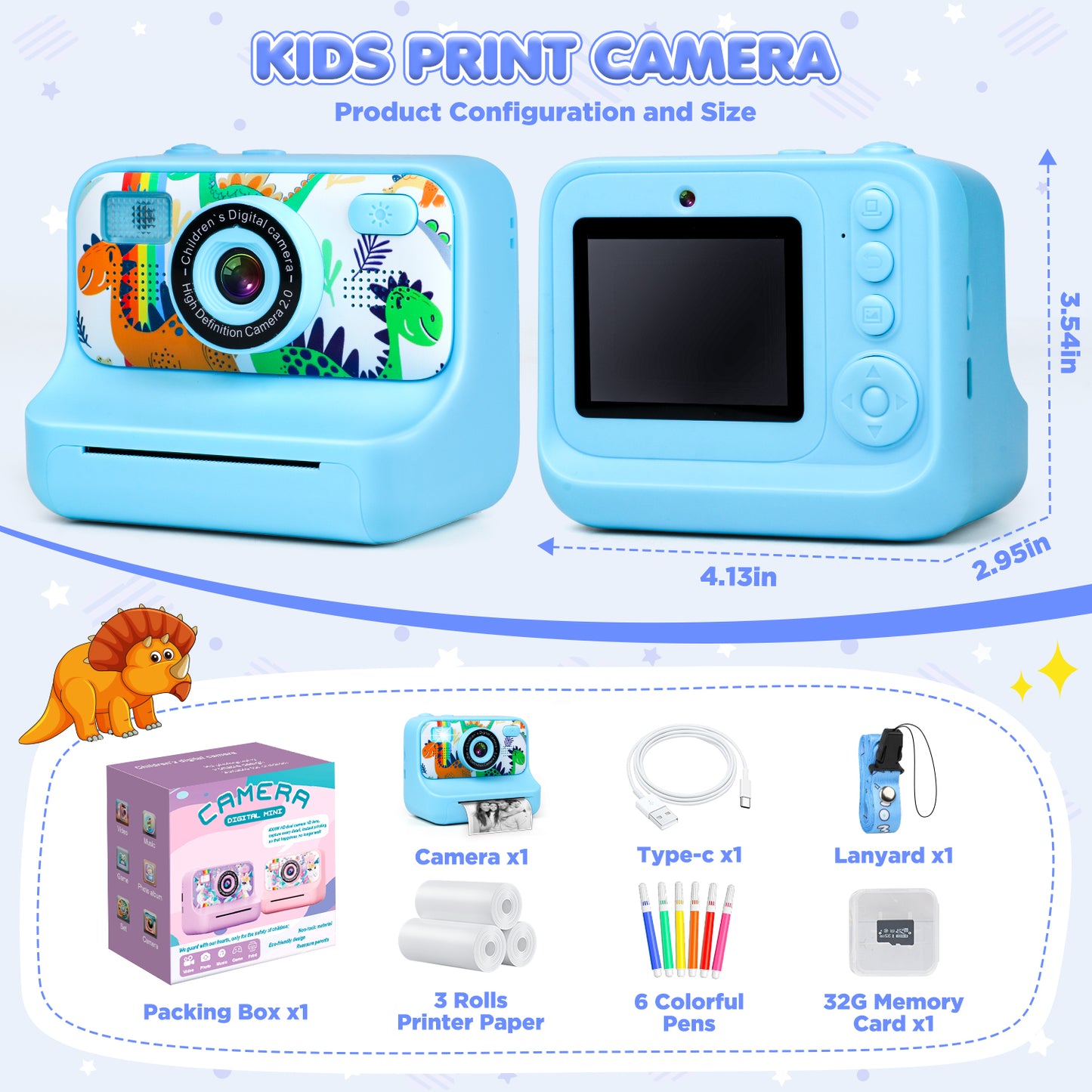 Kids Instant Print Camera, Christmas Birthday Gifts for Boys and Girls, 1080p Digital Camera for Boys Age 3-10, 32GB Blue Dinosaur Photo Toy With 3 Rolls of Photo Paper