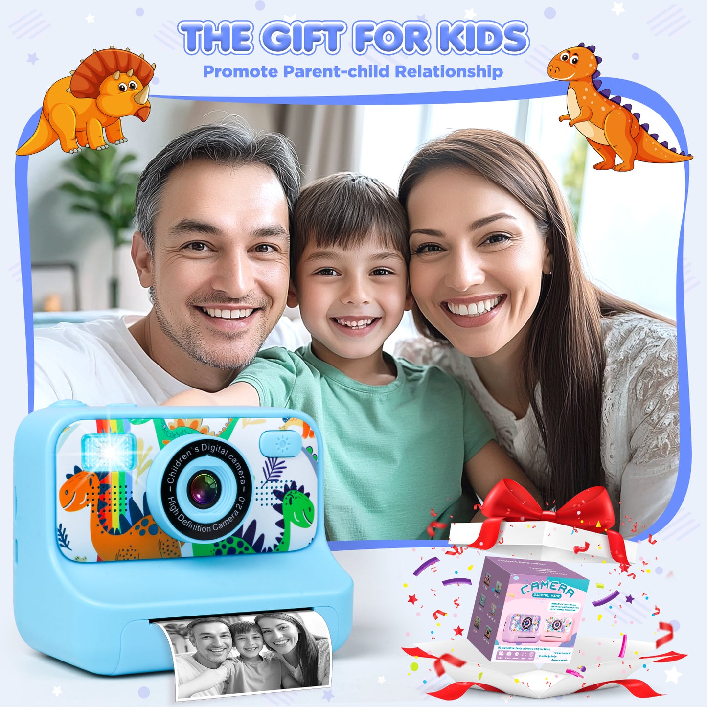 Kids Instant Print Camera, Christmas Birthday Gifts for Boys and Girls, 1080p Digital Camera for Boys Age 3-10, 32GB Blue Dinosaur Photo Toy With 3 Rolls of Photo Paper