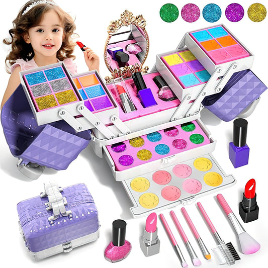 Kids Makeup Set for Girls, 54 PCS Washable Real Cosmetic Kit with Mirror, Kids Makeup Kit for Little Girls, Christmas Birthday & Party Gifts for Kids 3 4 5 6 7 8 9 (Purple)