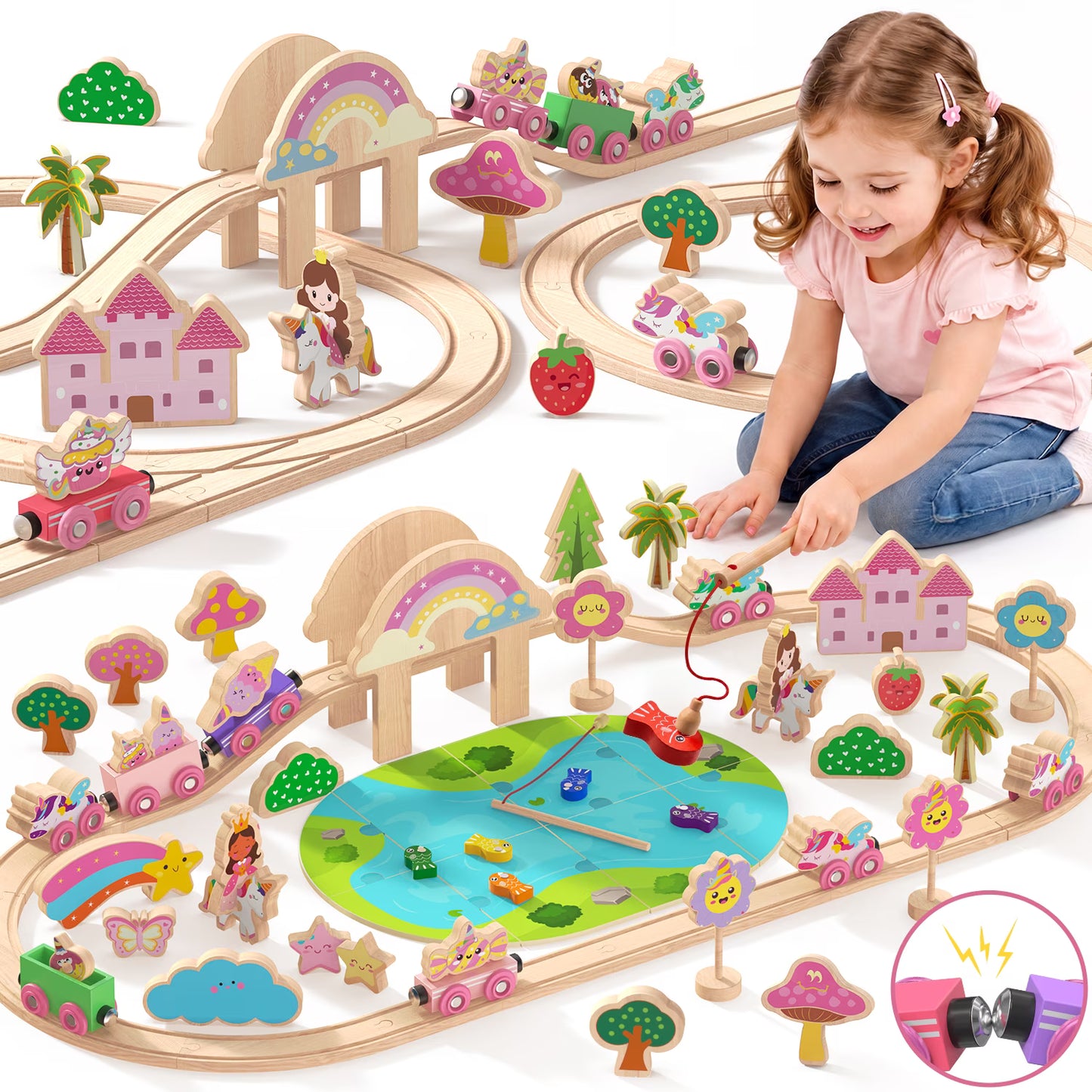 110PCS Wooden Train Set for Toddlers 2-4, Unicorn Train Toy for Girls with Fishing Puzzle, Wooden Train Track Toy Birthday Gift for Kids Girls Ages 3 4 5 6