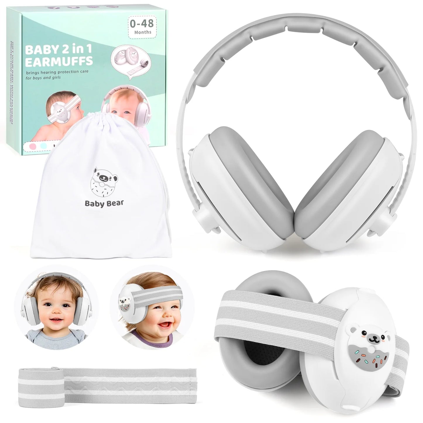 2-in-1 Baby Ear Muffs Noise Protection, Noise Canceling Headphones for Baby & Toddler 0-36 Months, Adjustable Headband, Hearing Protection Earmuffs in Plane & Improves Sleep - White