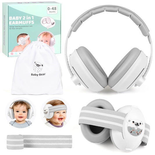 2-in-1 Baby Ear Muffs Noise Protection, Noise Canceling Headphones for Baby & Toddler 0-36 Months, Adjustable Headband, Hearing Protection Earmuffs in Plane & Improves Sleep - White