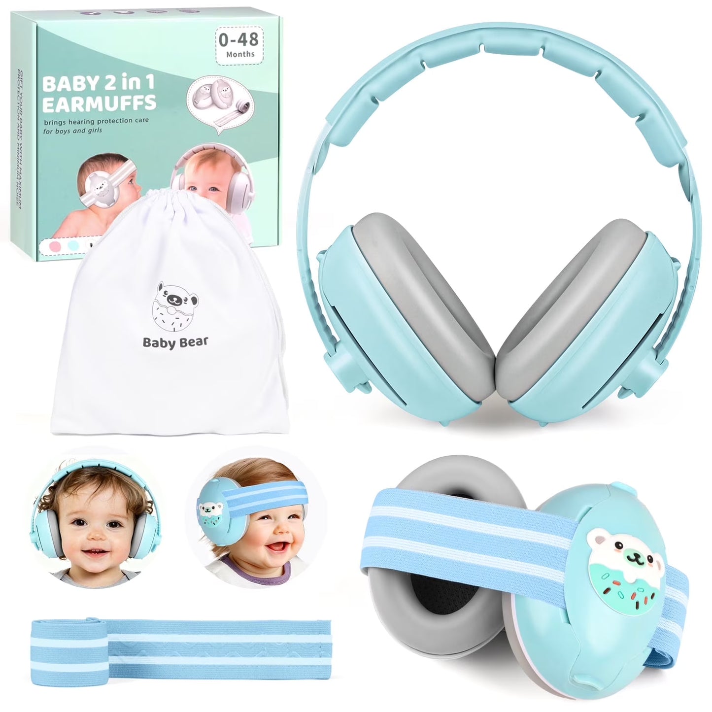 2-in-1 Baby Ear Muffs Noise Protection,Noise Canceling Headphones for Baby & Toddler 0-12-36 Months, Infant Ear Protection in Plane, Adjustable Headband,Improves Sleep - Blue