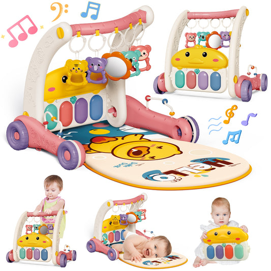 4 In 1 Baby Play Gym & Play Mats,Kick and Play Piano Gym, Baby Activity Walker for 0-24 Months Infant Newborn Toddler, Pink