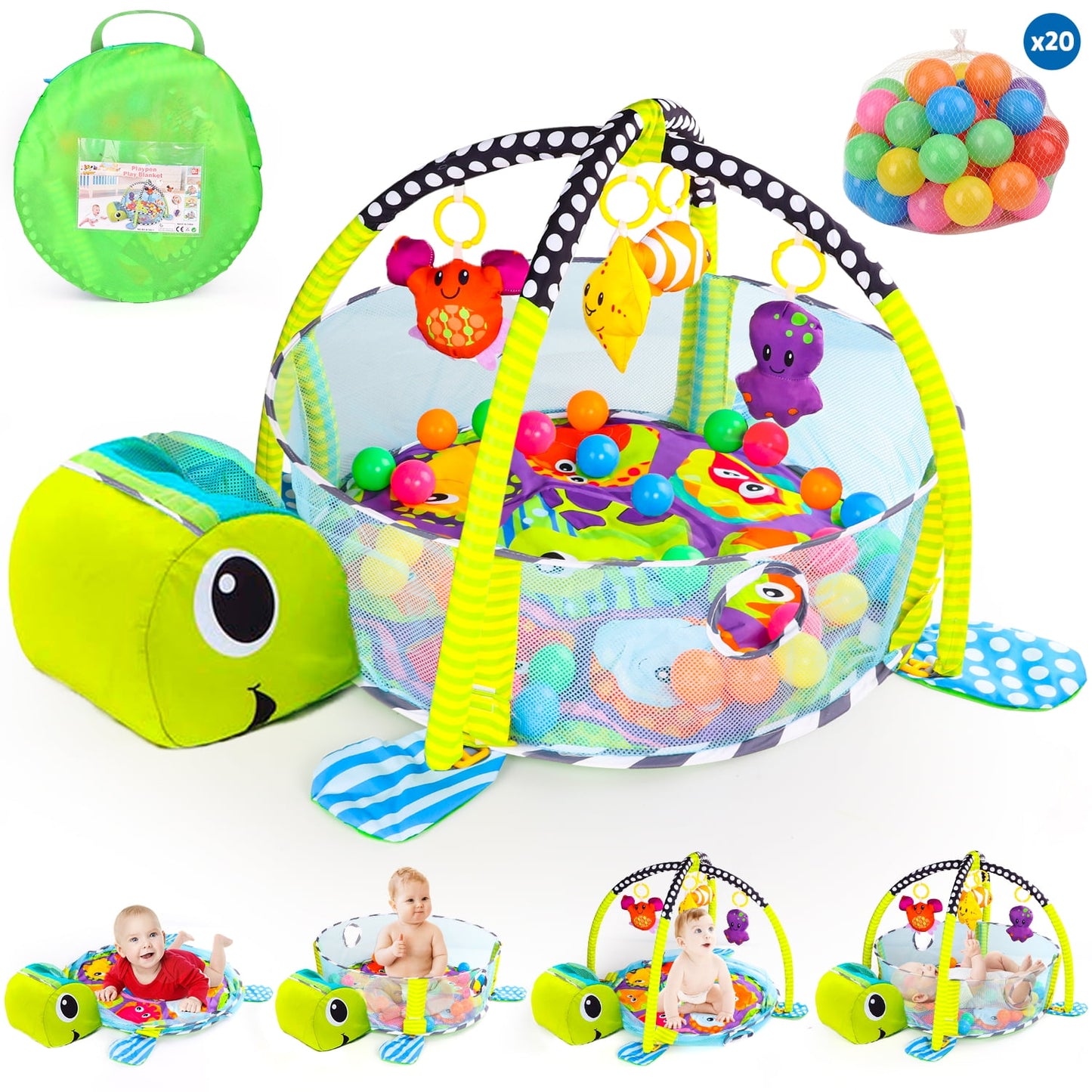 Baby Play Gym, 3 in 1 Baby Play Gym Activity Mat, with Hanging Toys and Ocean Balls, Gifts for Newborn Baby 0 to 3 6 9 12 Months, Green Turtle