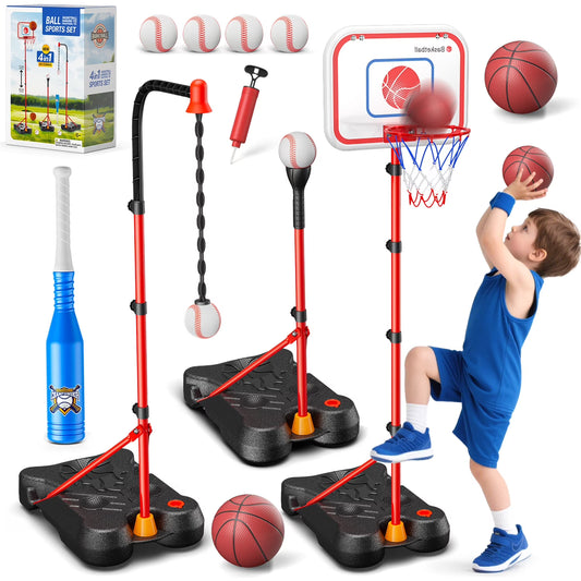 3 In 1 Kids/Toddlers Basketball Hoop,Baseball&T-Ball Sets for Kids 3-5,Adjustable Height, Indoor/Outdoor Sports Toys Gifts for Boys Girls Ages 2 3 4 5 6 7 8 Years Old, Christmas Birthday Gift.
