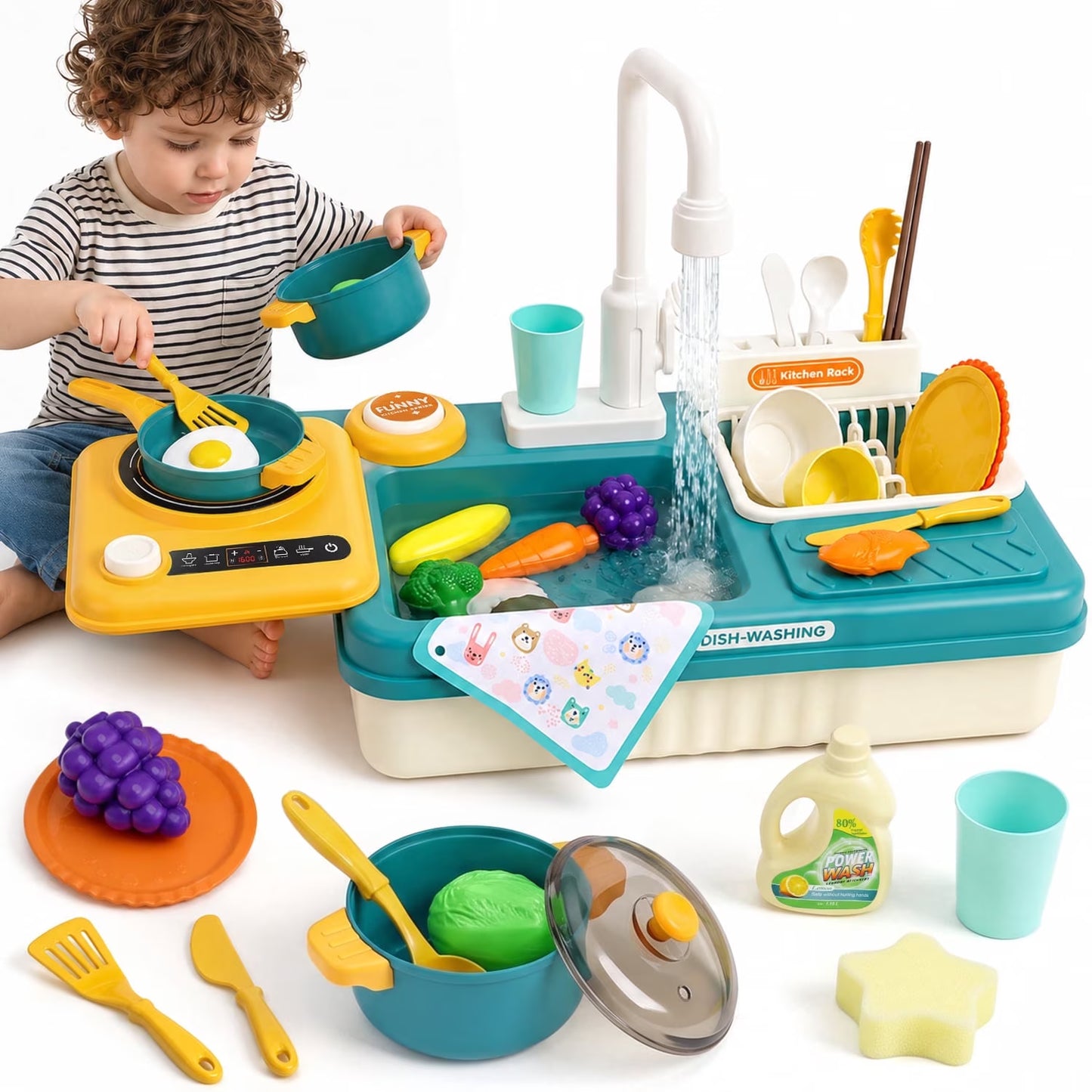Play Sink with Running Water for Toddlers 3-5, Kitchen Play Sink & Stove Toy with Electric Faucet, Play Food & kitchen Accessories, Gift for Boys Girls Ages 3+