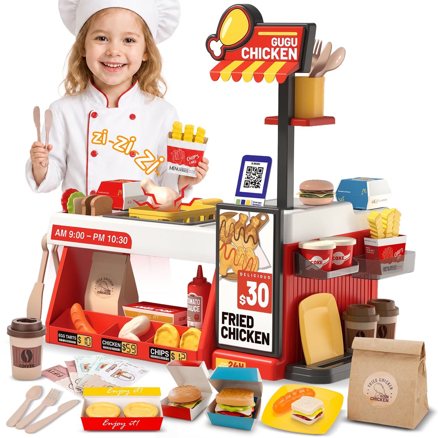Kids Pretend Play Food Set, 52 Pcs Fried Chicken Shop Toy, Color Changing Fast Food Restaurant Toy with Burger, Fries, Coffee and Play Money, Christmas Birthday Gift for Boys Girls Ages 3-8