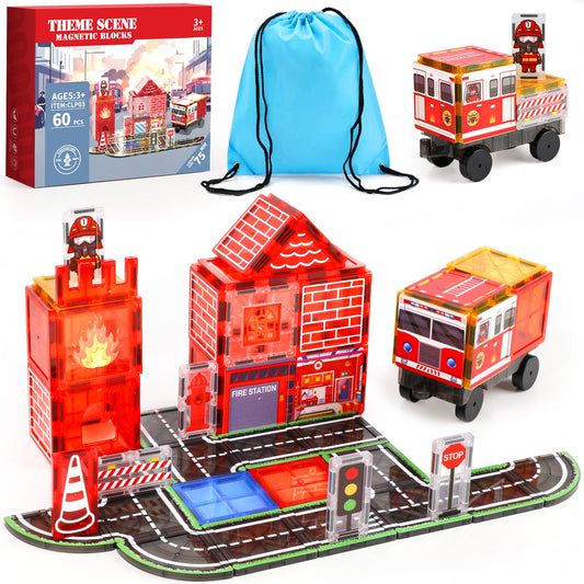 Magnetic Tiles for Kids Ages 4-8, 60Pcs Magnetic Building Blocks, Construction Firetruck Toys Magnetic Tiles Road Set, Educational STEM Toys Christmas Birthday Gifts for Boys Girls Toddlers 3-5