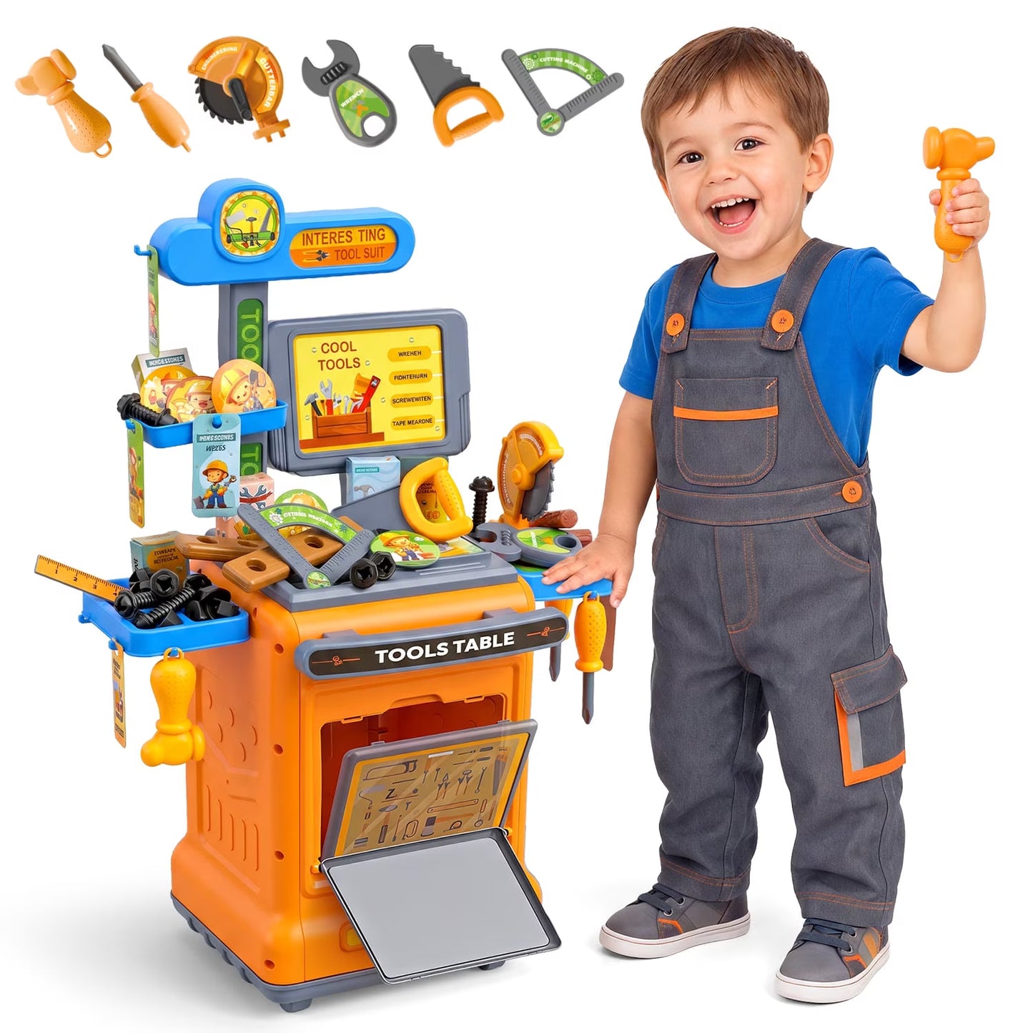 66Pcs Kids Tool Bench Toy, Rolling Tool Cart, Pretend Play Toddler Workbench with Realistic Tool,Large Storage, Construction Playset Toys for Boys and Girls Ages 3 4 5 6 Birthday Gifts